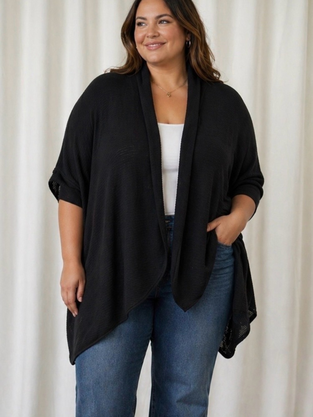 Alice + Olivia Black Lightweight Ribbed Shawl Collar Short Sleeve Cardigan